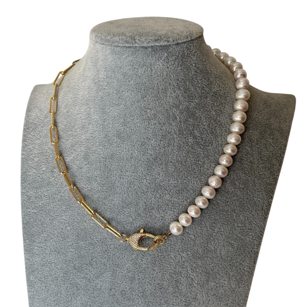 Pearl and 14k Yellow Gold Metal Paperclip Chain Choker Handmade Necklace NEW